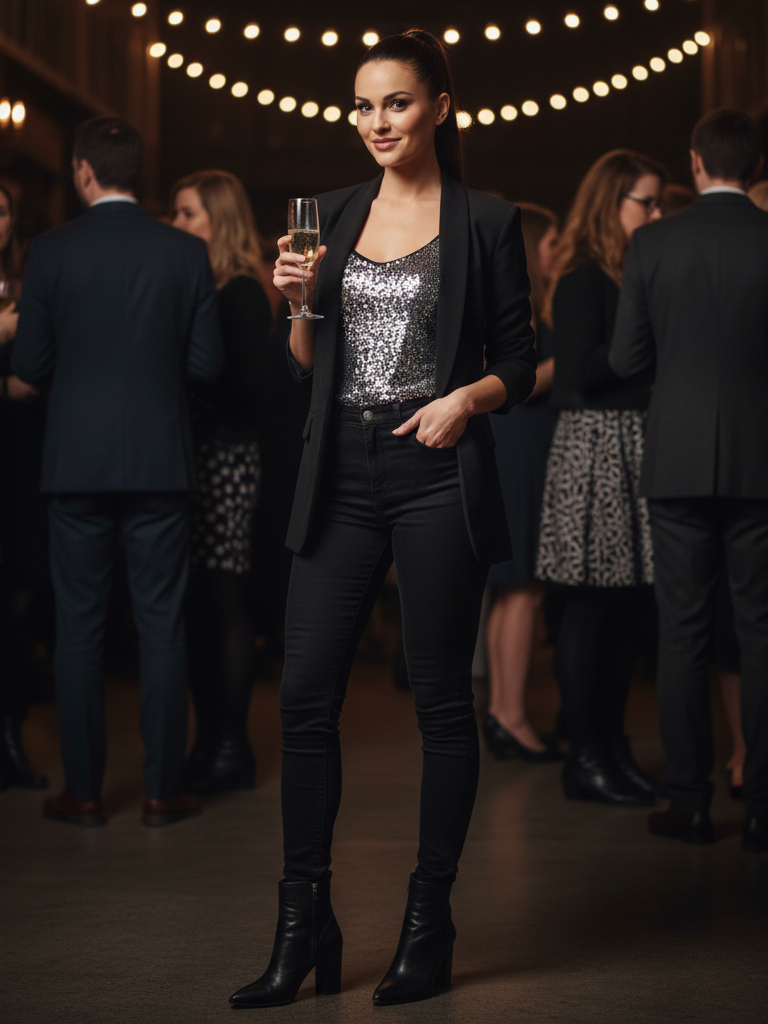 Sequin Top + Blazer + Black Jeans + Ankle Boots