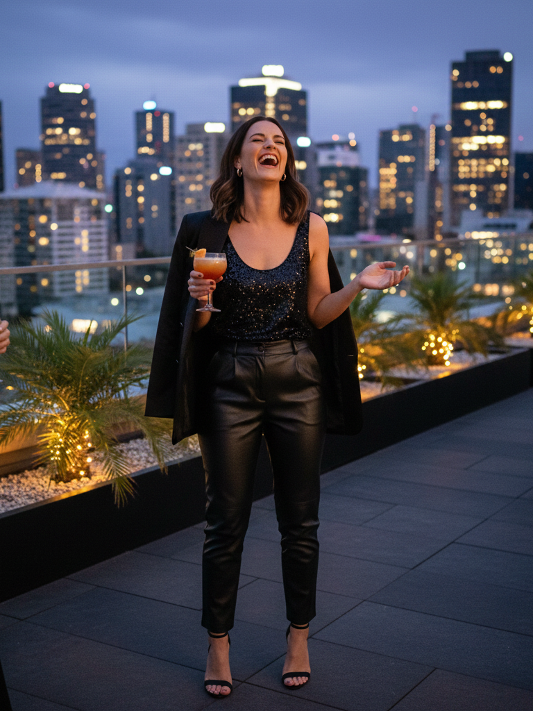 Sequinned Tank + Leather Pants + Sharp Blazer