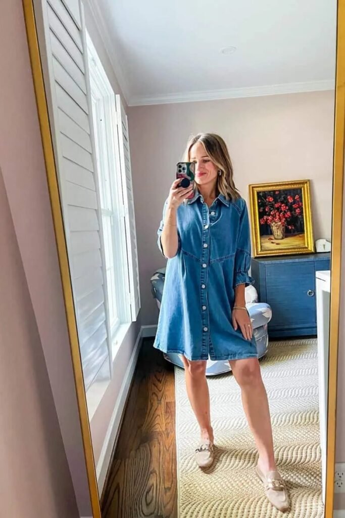 Short Sleeve Denim Shirt Dress + Tan Buckle Loafers