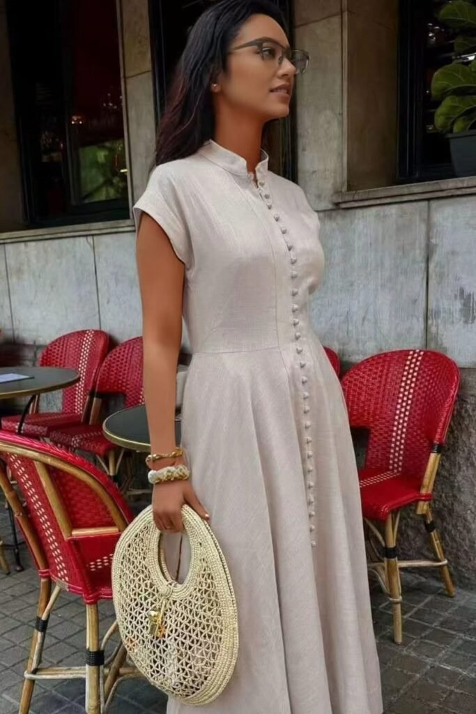 Short Sleeved Beige Button Down Maxi Dress + Woven Straw Handbag