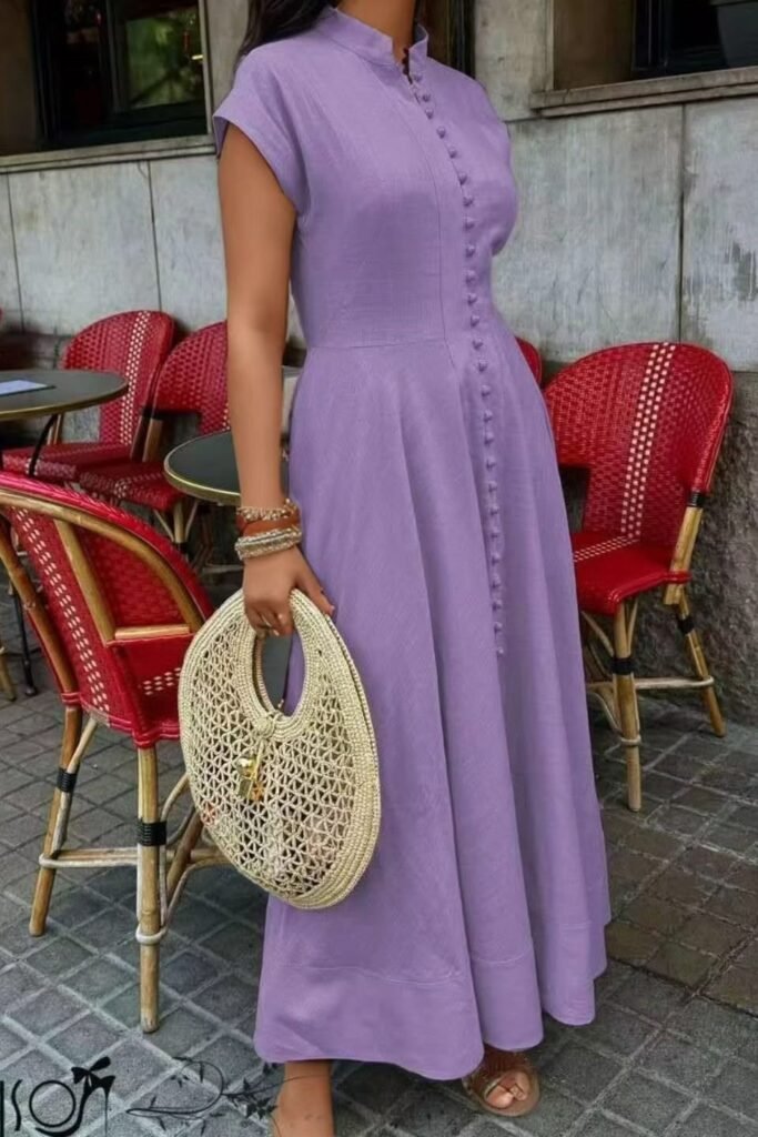Short Sleeved Lavender Button Down Maxi Dress + Woven Straw Handbag