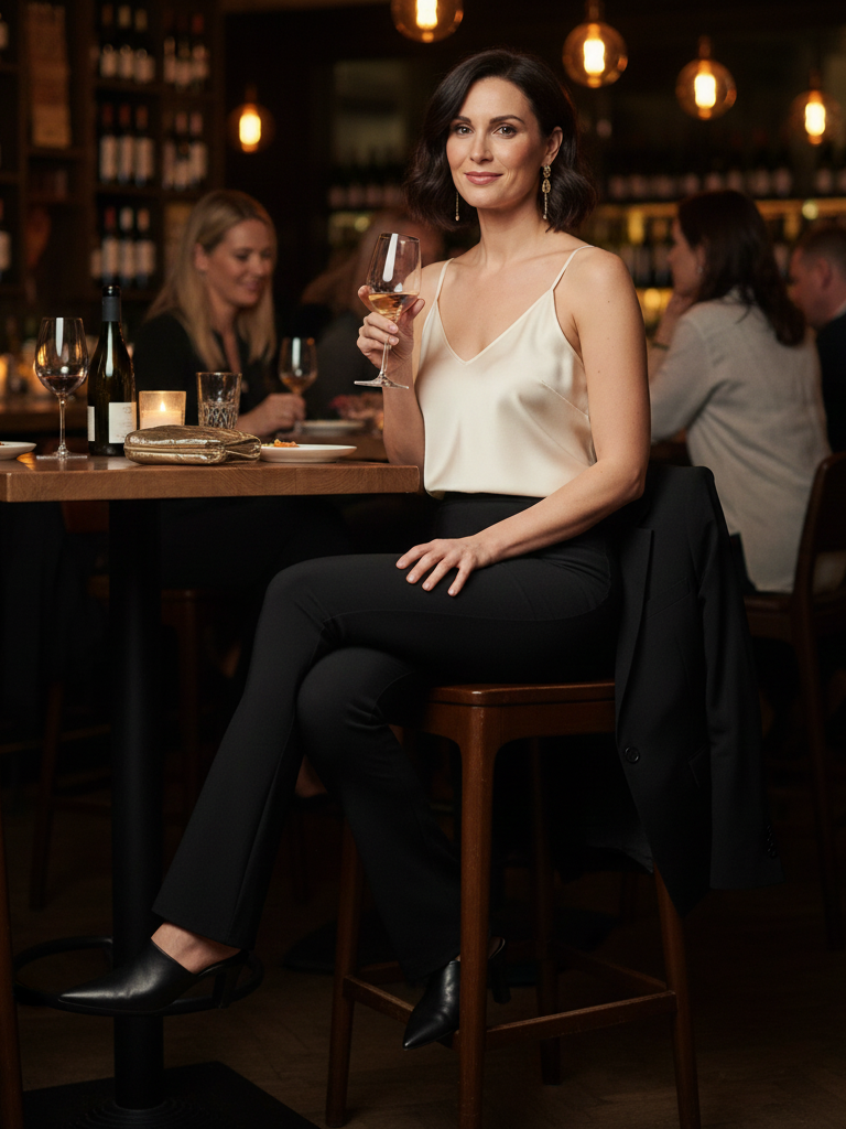 Silk Blouse + Blazer + Flare Leggings + Mules