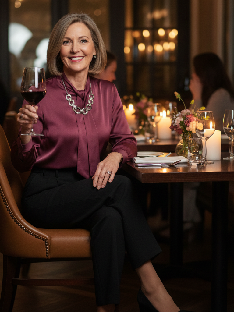 Silk Blouse + Statement Necklace + Trousers + Heels
