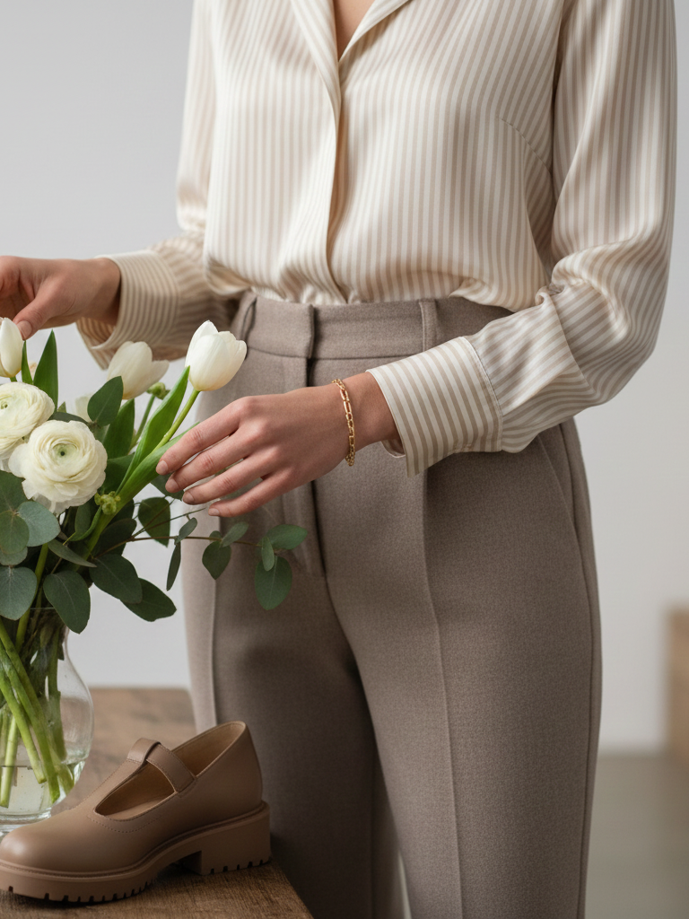 Silk Blouse + Straight-Leg Trousers + Chunky Ballet Flats