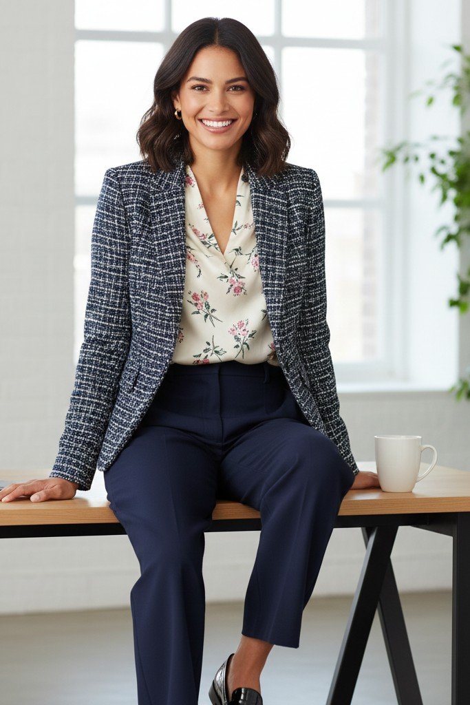 Silk Blouse + Tweed Blazer + Trousers + Loafers