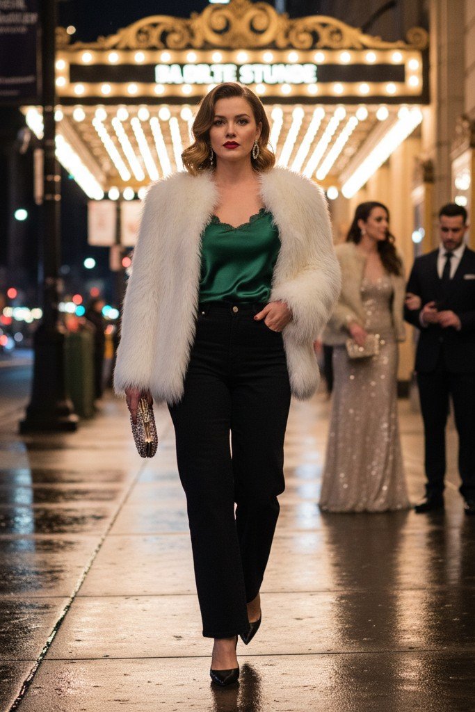 Silk Camisole + High-Waisted Flares + Faux Fur Coat