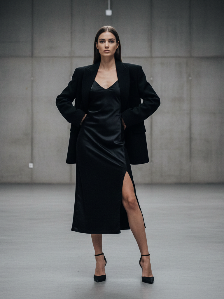 Silk Slip + Oversized Blazer + Slit Skirt (Layered)