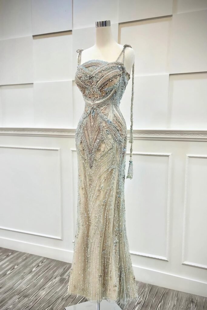 Silver Art Deco Beaded Gown + Tassel Shoulder Accents + Geometric Crystal Pattern