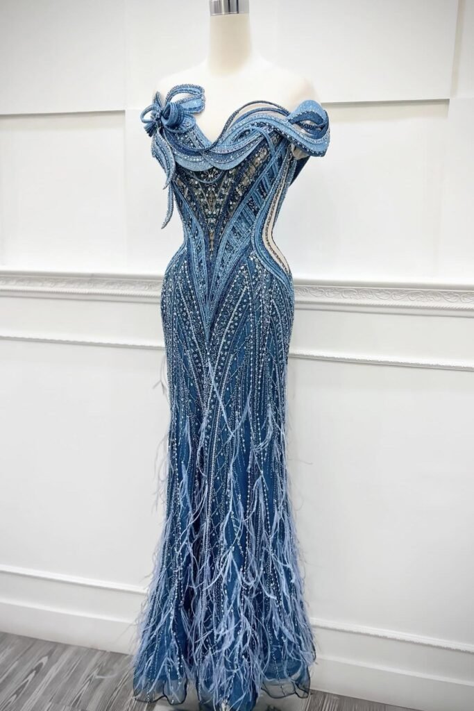 Slate Blue Off-the-Shoulder Beaded Gown + Sculptural Ruffled Neckline + Blue Ostrich Feather Trim
