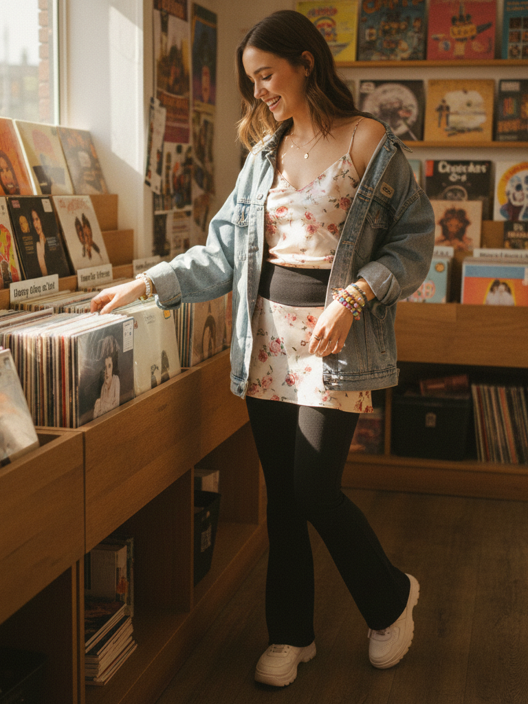 Slip Dress + Flare Leggings + Denim Jacket