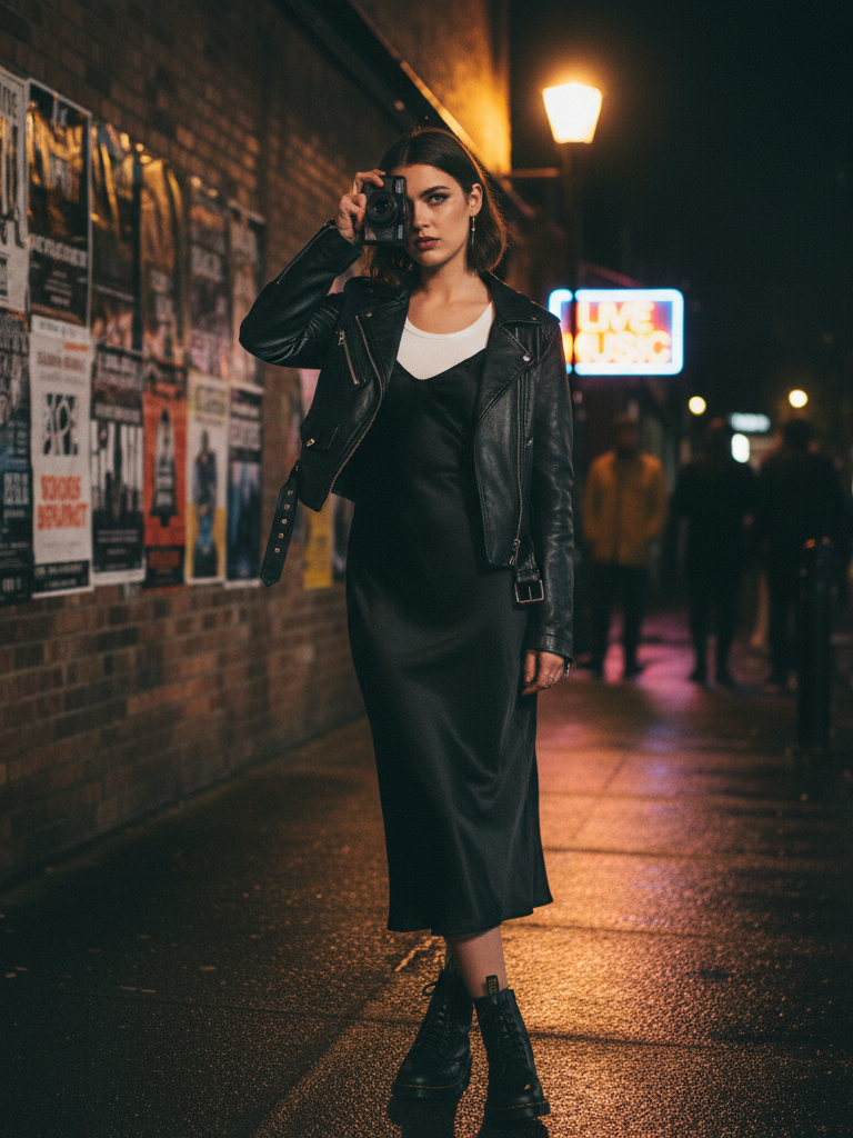Slip Dress + Grunge Boots + Leather Jacket