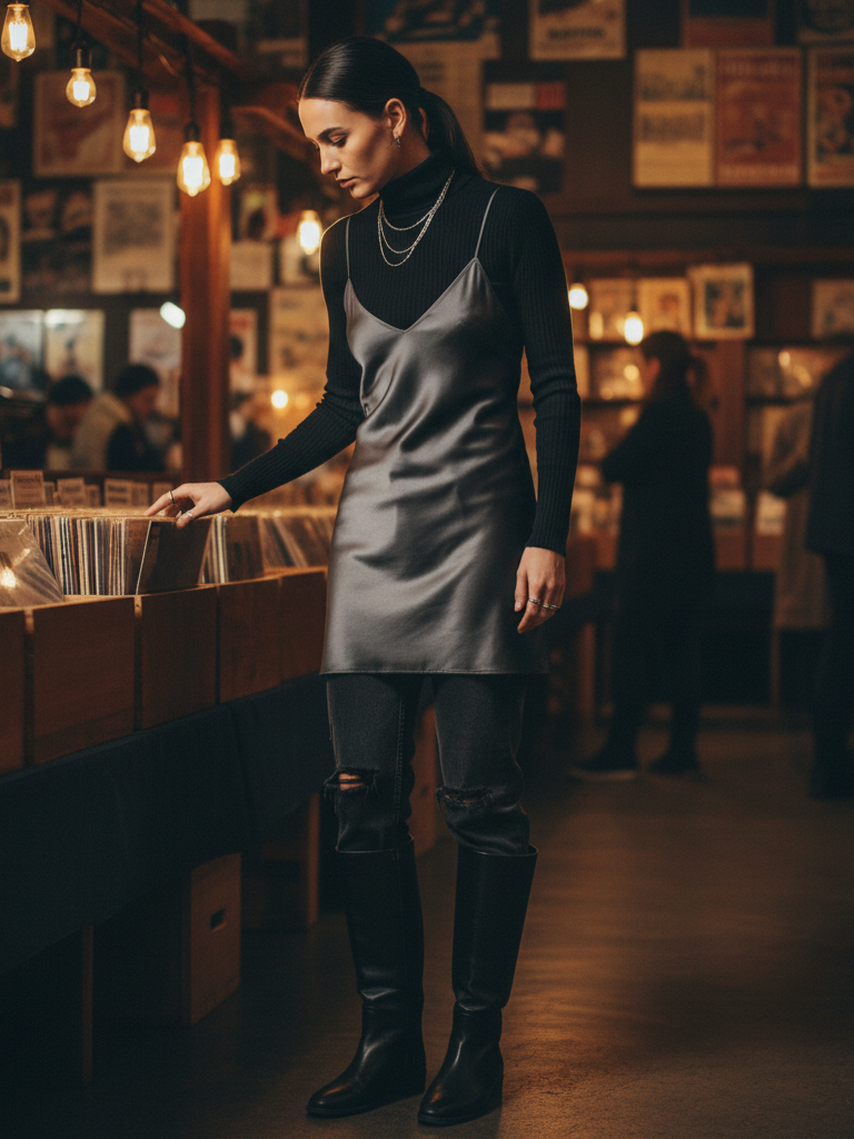 Slip Dress + Turtleneck + Distressed Jeans + Knee-High Boots