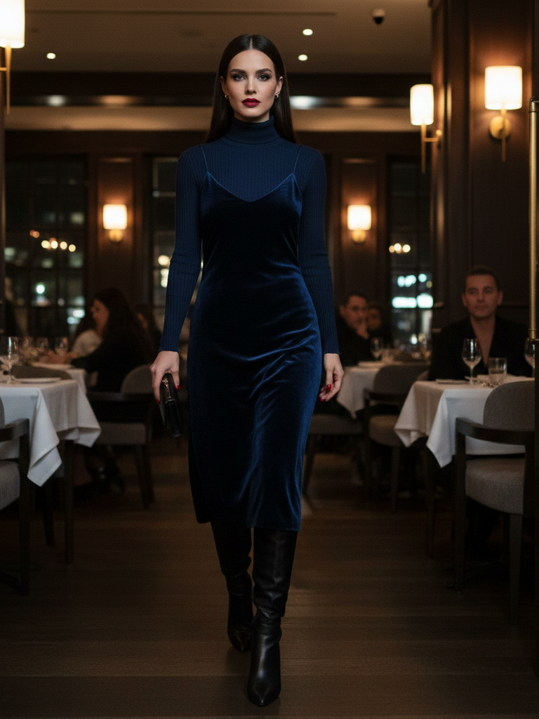 Slip Dress + Turtleneck + Over-the-Knee Boots