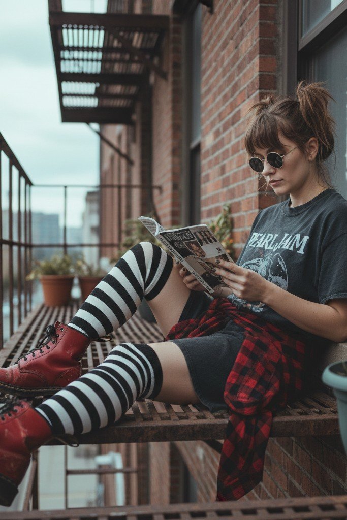 Slouchy Band Tee Dress + Over the Knee Socks + Combat Boots