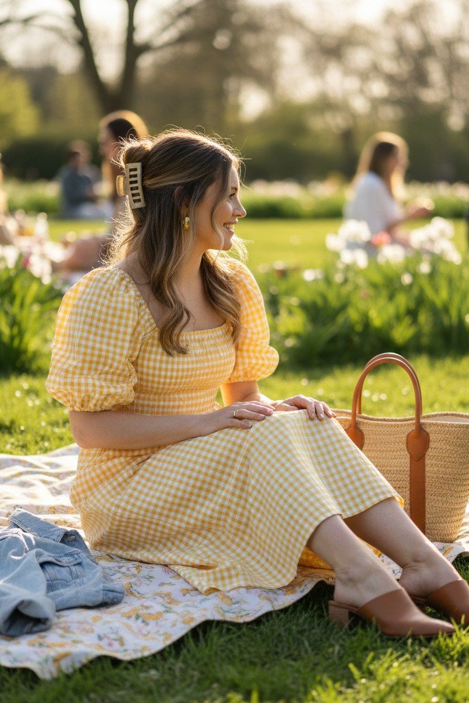 Smocked Dress + Denim Jacket + Block Heels