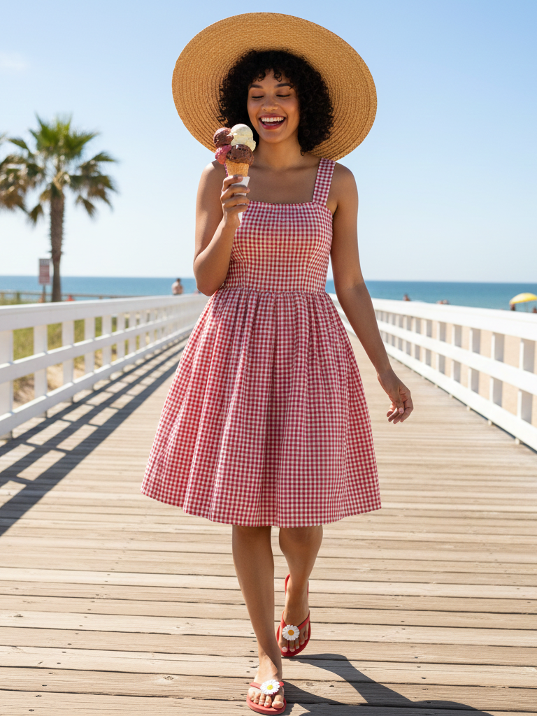 Smocked Sundress + Giant Sun Hat + Flip Flops