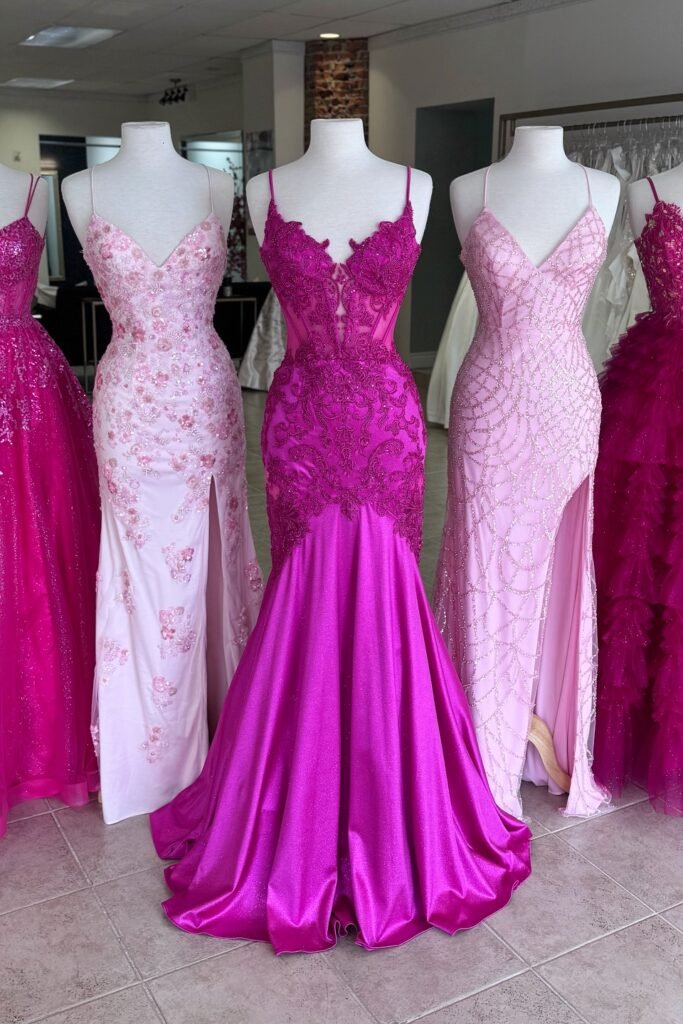 Soft Pink Floral Slit Gown + Magenta Lace Trumpet Dress + Pale Pink Beaded Slit Gown