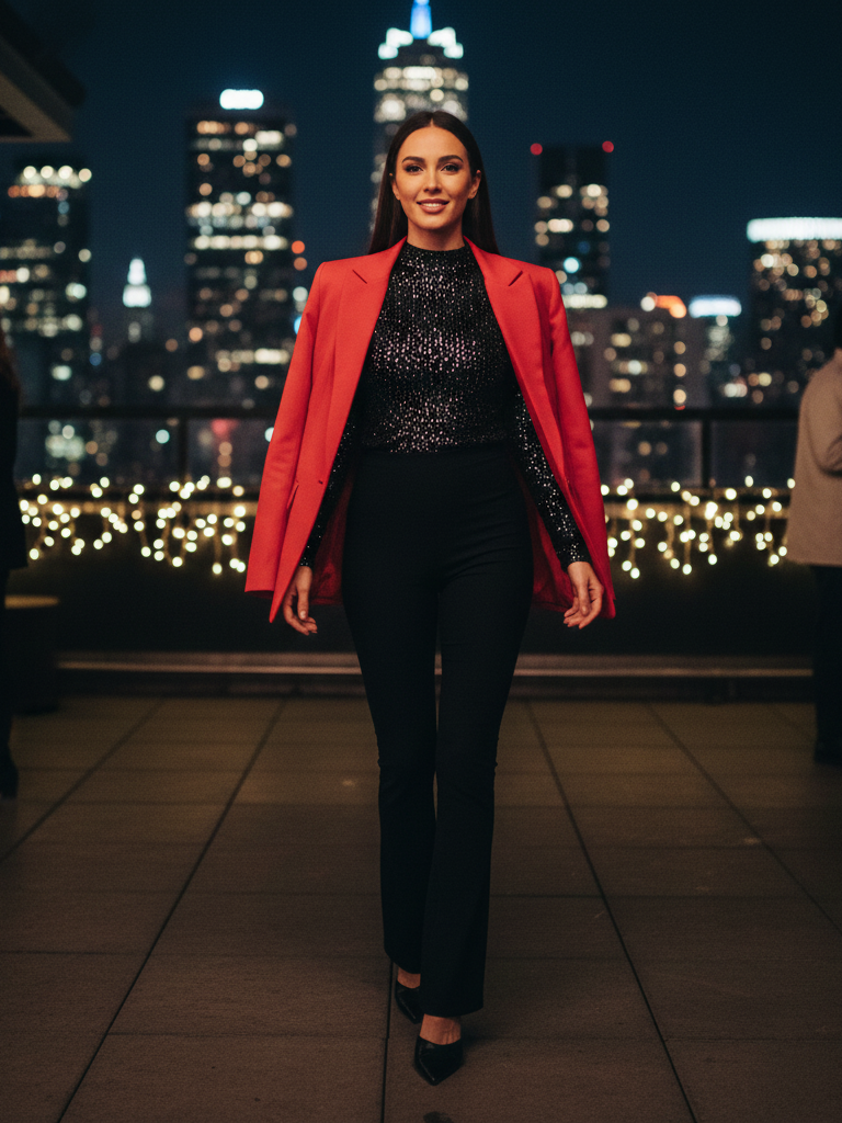 Sparkly or Sequin Top + Flare Leggings + Statement Blazer