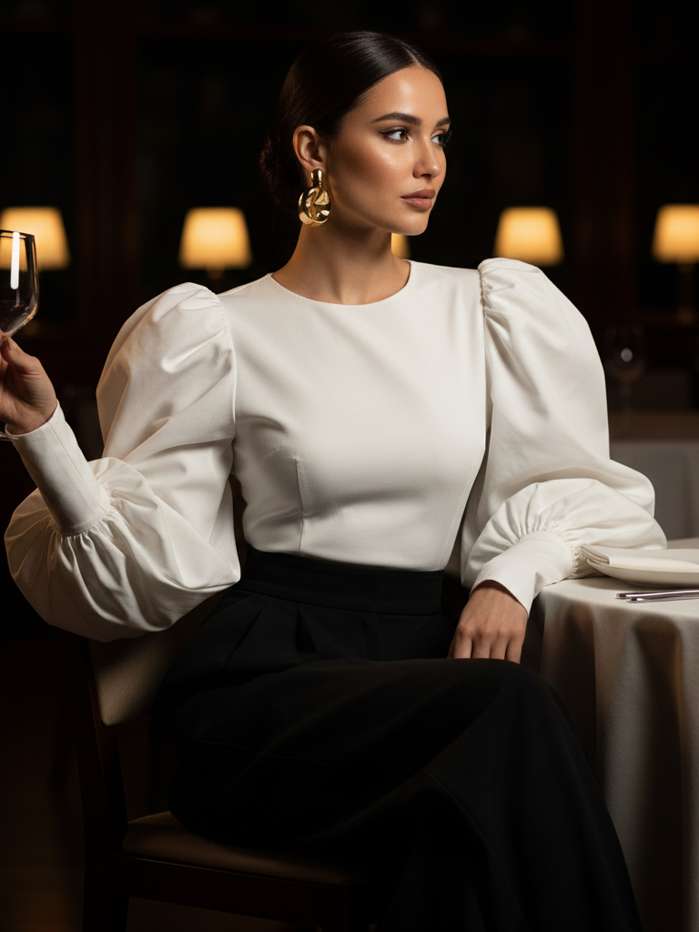 Statement Sleeve Top + Wide-Leg Pants + Bold Earrings