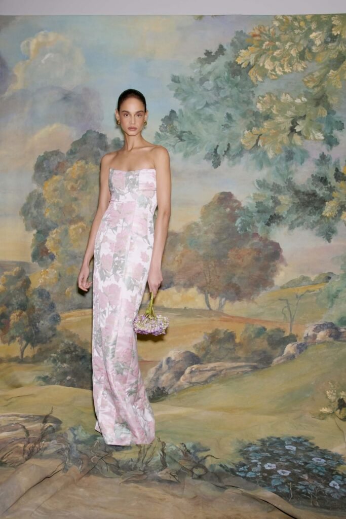 Strapless Pink Floral Brocade Gown + Gold Hoop Earrings