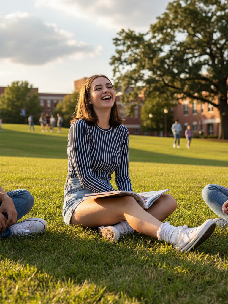 Striped Long Sleeve Shirt + High-Waisted Denim Shorts + Ankle Socks + Sneakers