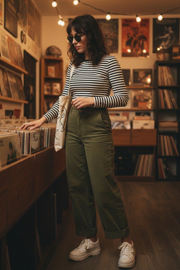 Striped Long Sleeve + Wide Leg Corduroys + Platform Sneakers