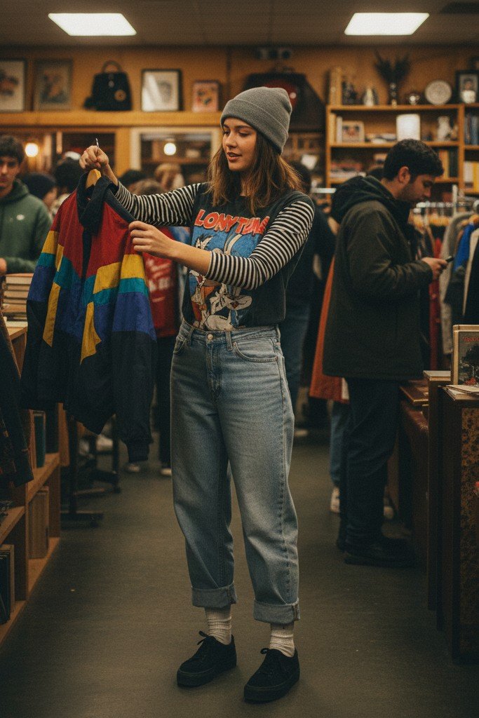 Striped Long Sleeve + Wide Leg Jeans + Vintage Tee + Beanie