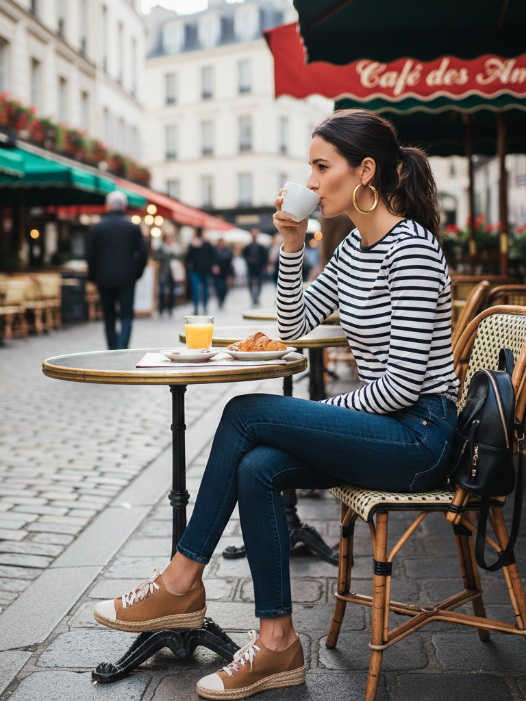Striped Top + Dark Wash Skinny Jeans + Wedges