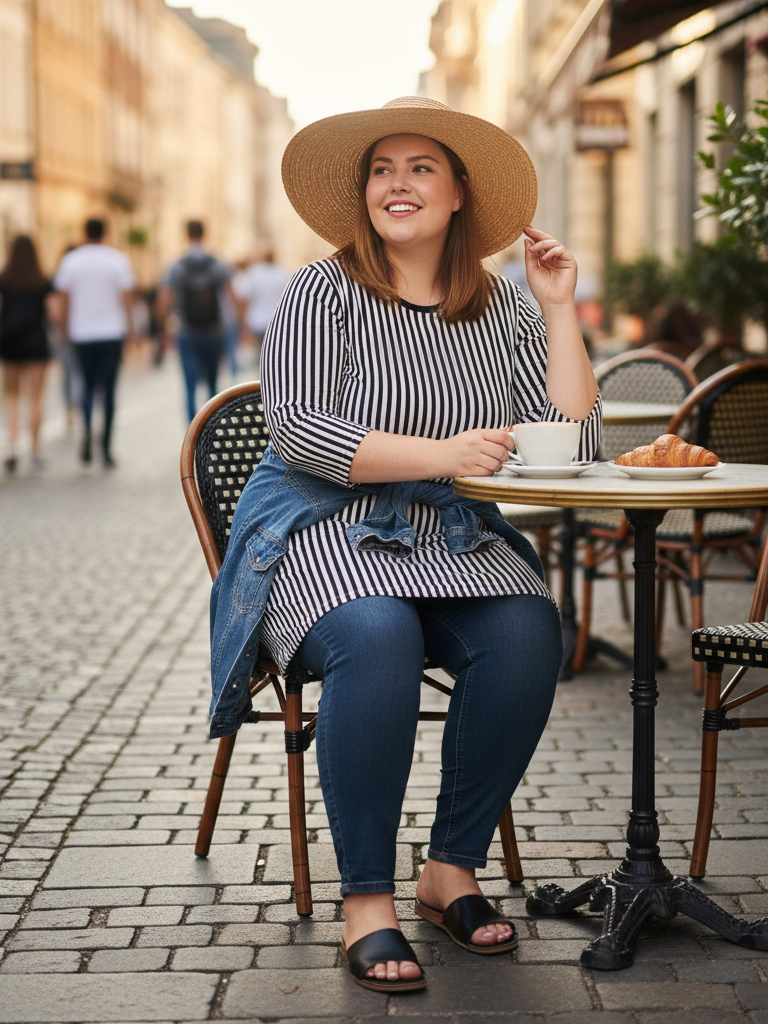 Striped Tunic + Dark Wash Jeggings + Slide Sandals
