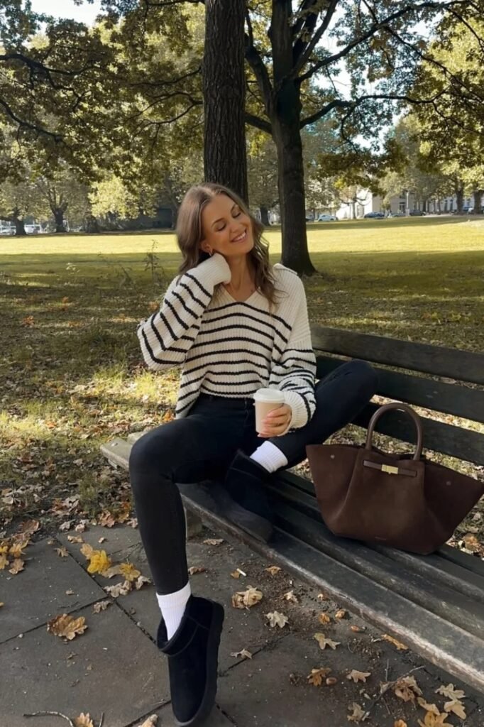 Striped V-Neck Sweater + Black Skinny Jeans + Black Platform Boots with White Socks