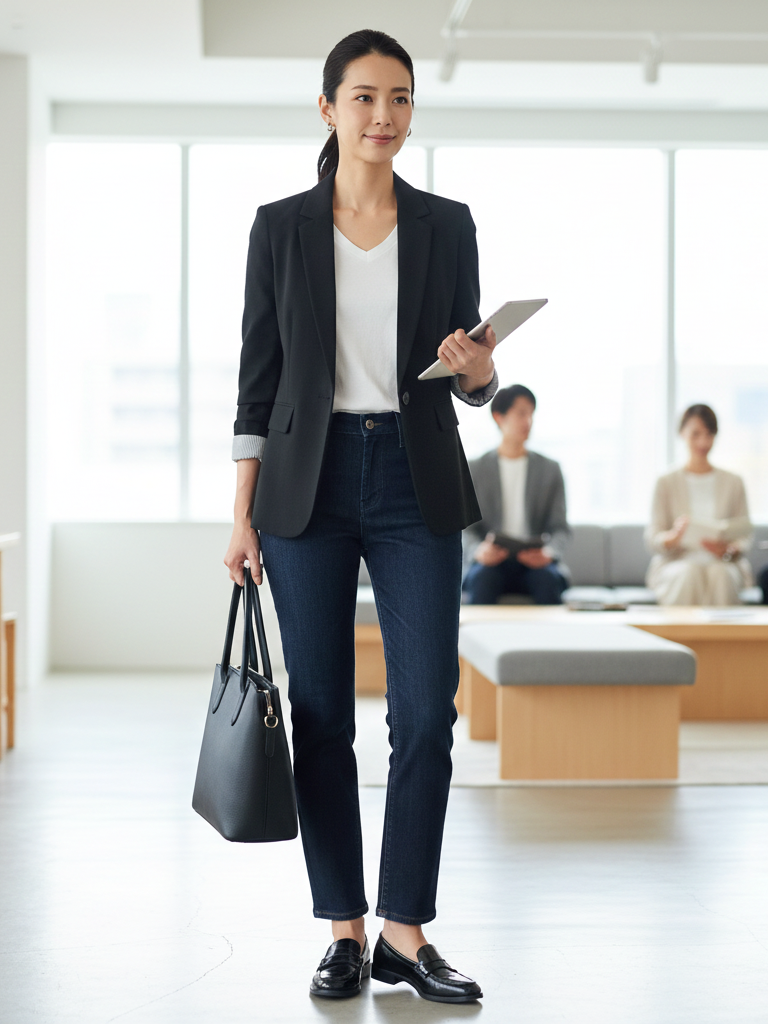 Structured Blazer + White Tee + Dark Straight-Leg Jeans + Loafers