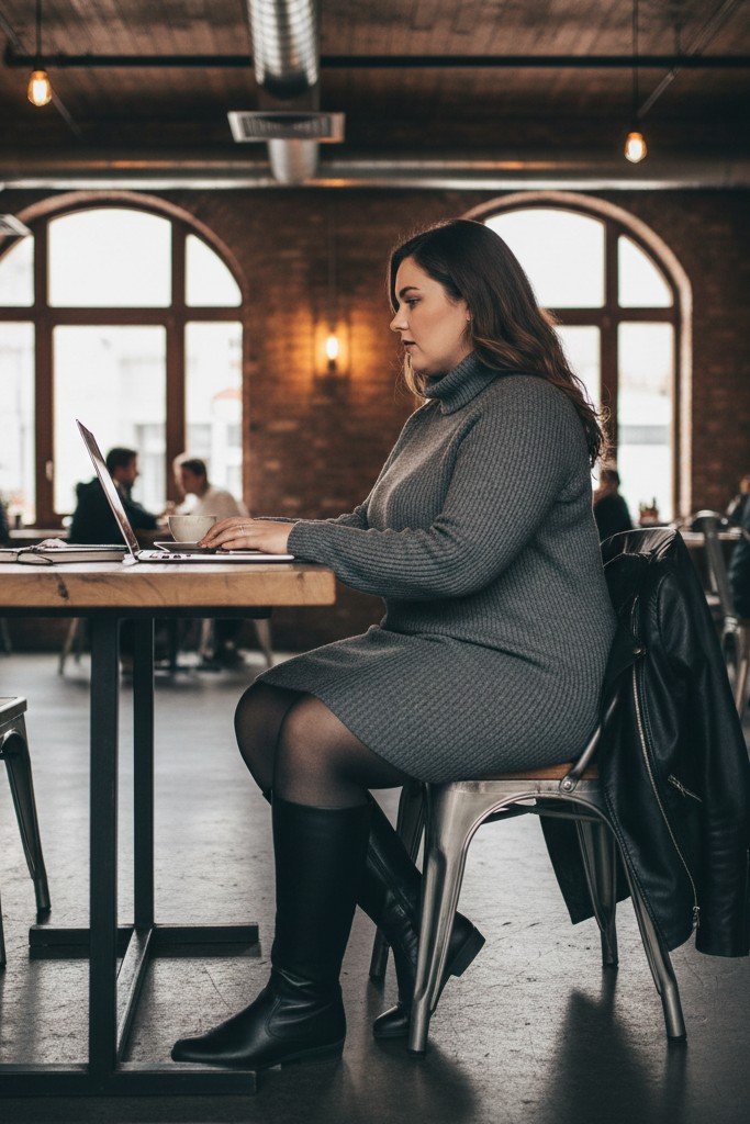Sweater Dress + Leather Jacket + Tights + Boots