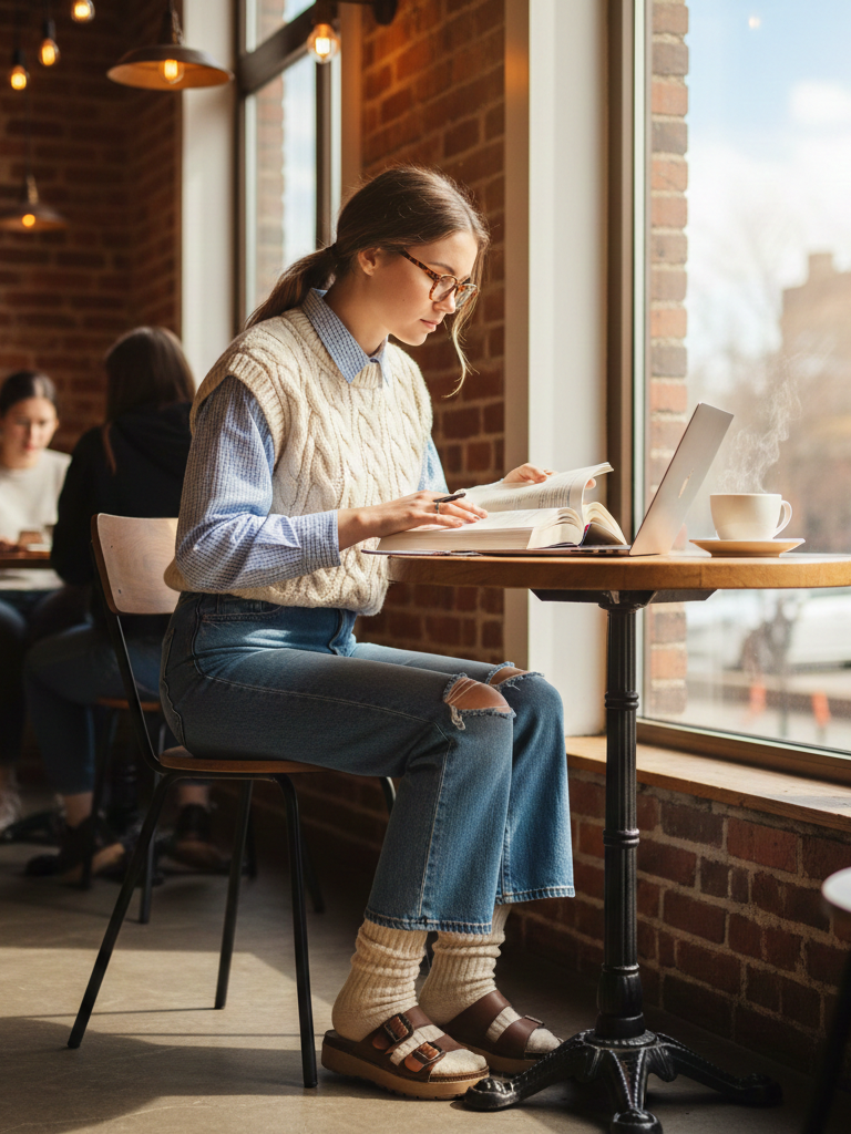 Sweater Vest + Button Down + Flared Jeans + Platform Sandals