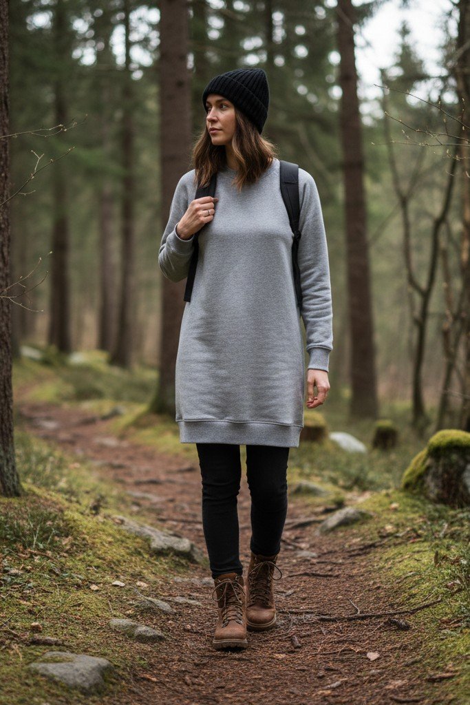 Sweatshirt Dress + Jeans + Leggings + Boots