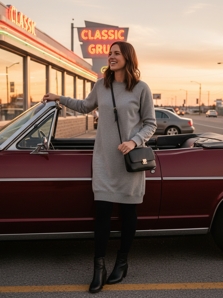 Sweatshirt Dress + Leggings + Boots
