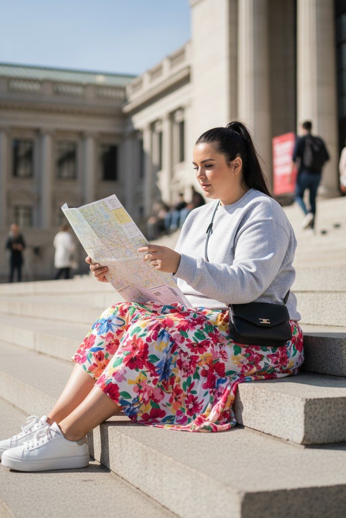 Sweatshirt + Midi Skirt + Sneakers + Crossbody Bag