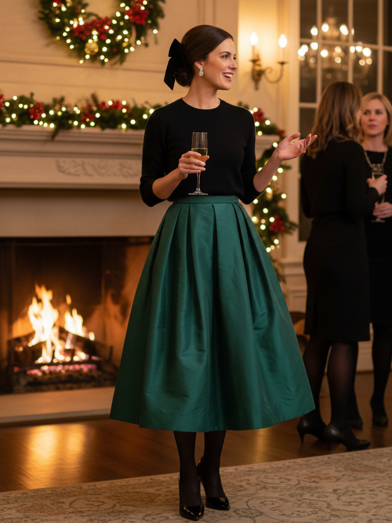 Taffeta Party Skirt + Cozy Knit + Sparkly Accessories