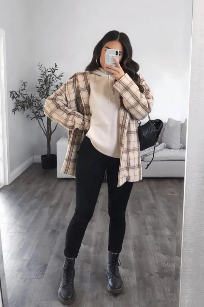 Tan Plaid Shacket + Cream Hoodie + Black Skinny Jeans + Black Combat Boots