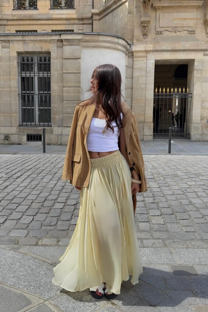 Tan Suede Blazer + White Crop Top + Pale Yellow Maxi Skirt + Black Strappy Sandals