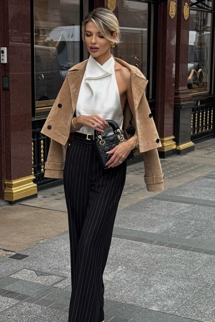 Tan Suede Jacket + White Halter Top + Black Pinstripe Wide-Leg Trousers