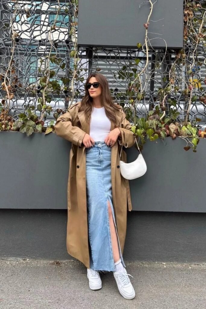 Tan Trench Coat + Long Denim Maxi Skirt with Slit + White Sneakers