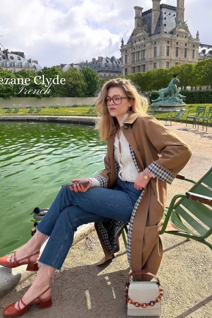 Tan Trench Coat with Checkered Lining + White Eyelet Blouse + Cropped Blue Jeans + Brown Block-Heel Slings