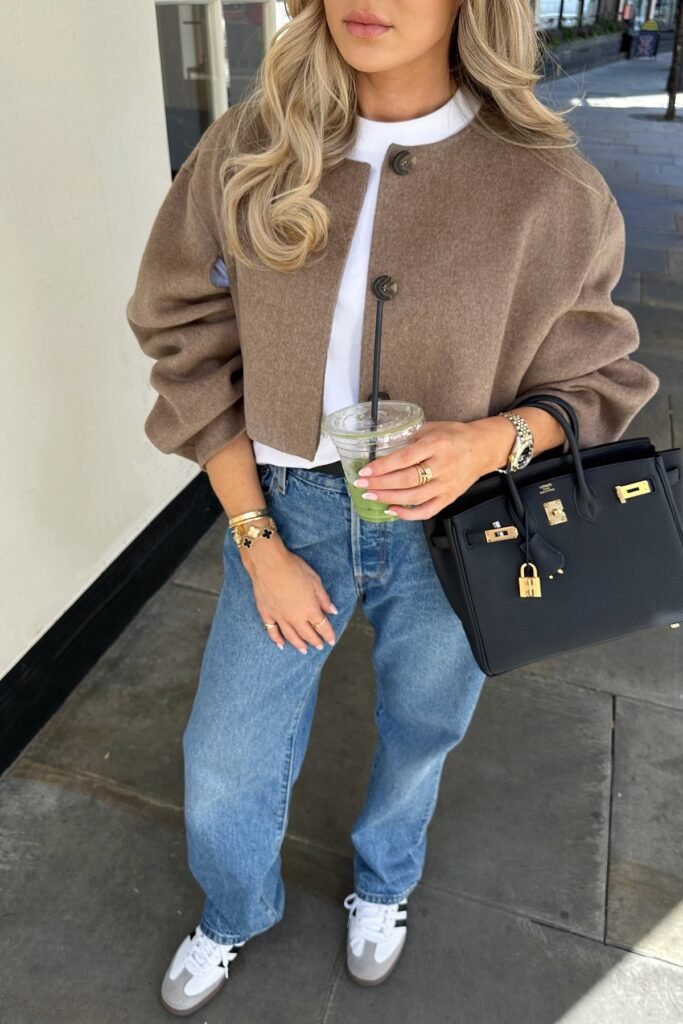 Taupe Cropped Wool Jacket + Straight Leg Blue Jeans + White and Grey Sneakers