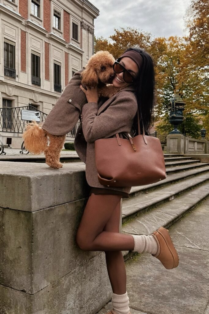 Taupe Herringbone Blazer + Matching Dog Coat + Brown Tote Bag & Platform Mini Boots