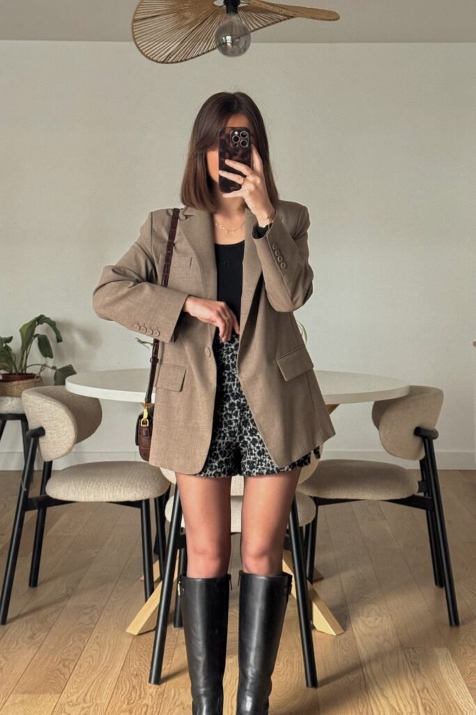 Taupe Oversized Blazer + Black Bodysuit + Animal Print Mini Shorts + Black Knee-High Boots