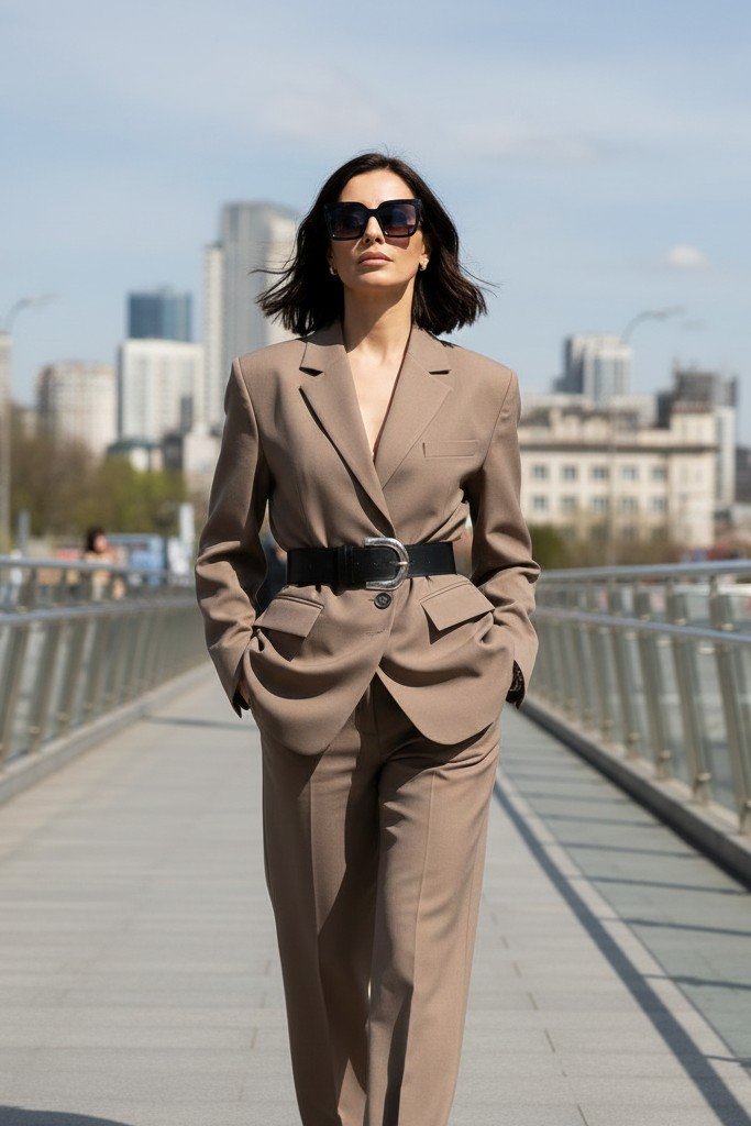 Taupe Oversized Blazer + Wide-Leg Trousers + Black Statement Belt + Dark Sunglasses