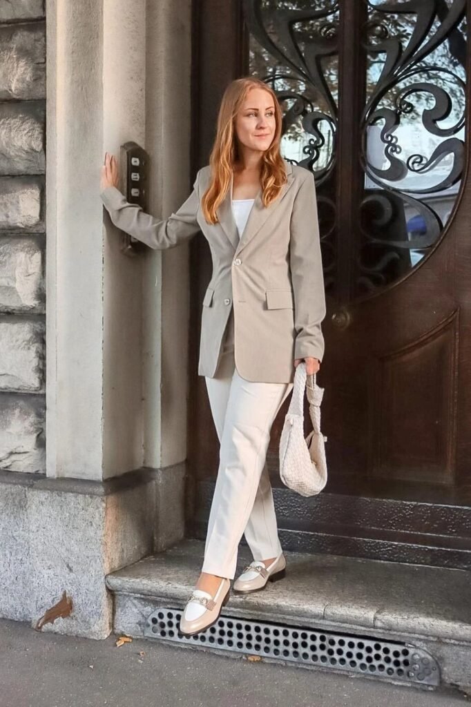 Taupe Tailored Blazer + White Top + White Trousers + Beige Loafers