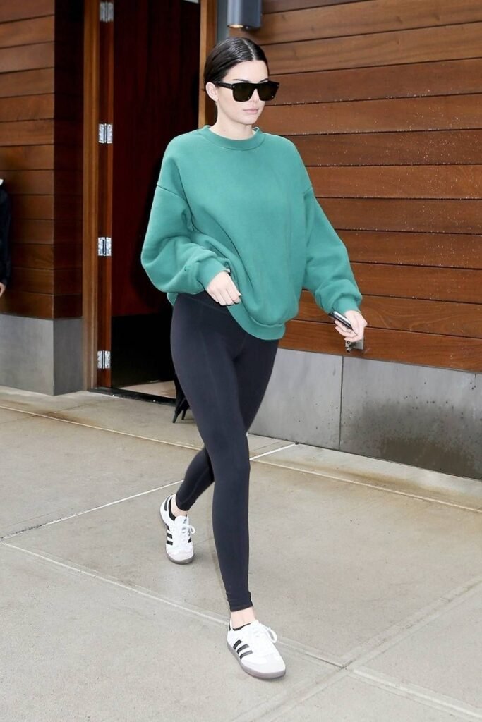 Teal Oversized Sweatshirt + Black Leggings + White Adidas Sneakers