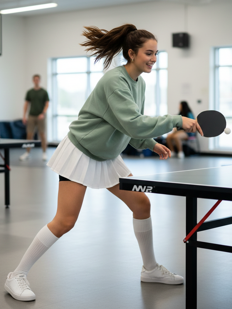 Tennis Skirt + Crewneck Sweatshirt + Crew Socks + Sneakers