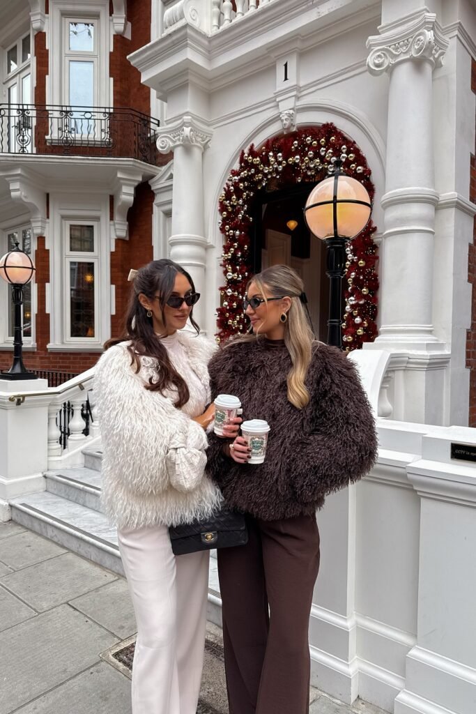 Textured Faux Fur Jackets (White & Brown) + Matching Wide Leg Trousers + Quilted Chain Handbags